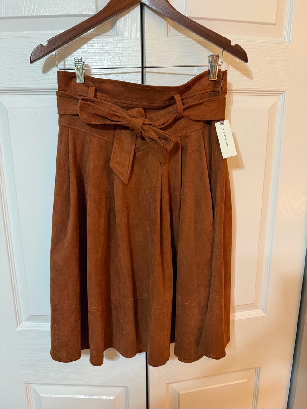 Anthropologie Brown Faux Suede A-Line Midi Skirt with Tie Waist